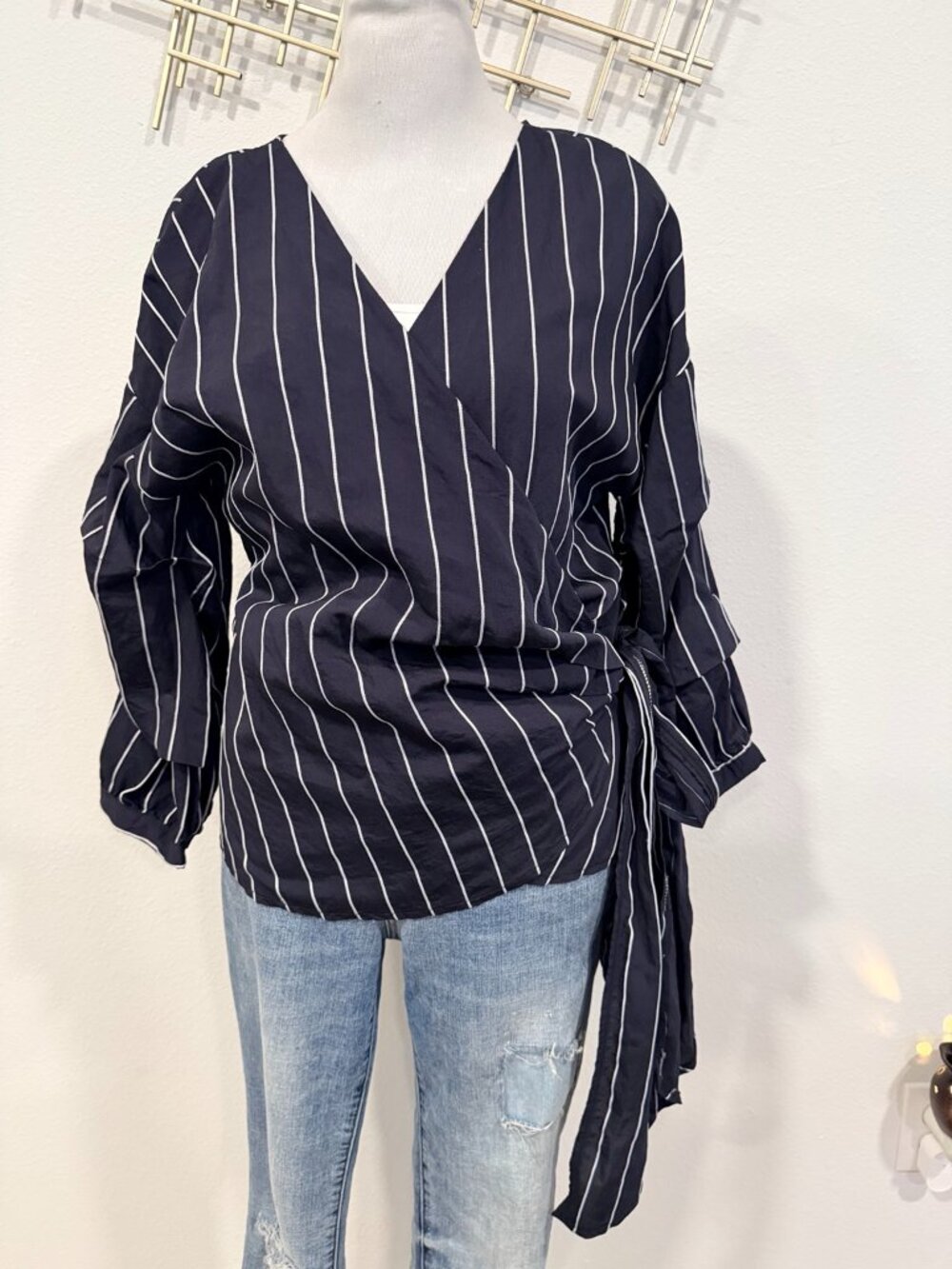 Blu Pepper Navy Pinstripe Wrap Blouse M | Statement Tiered Sleeves